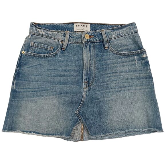 Frame Le Mini Stoneview Denim Skirt Womens 24 Blue Preppy Raw Hem Distressed - Picture 1 of 9